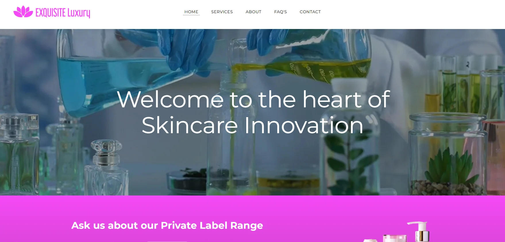 Laboratory setup with colorful liquids and plants for skincare innovation, featuring a welcome message.